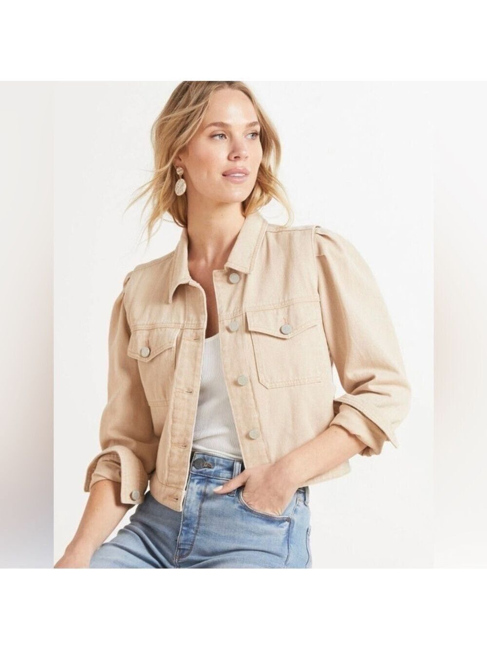 Blank NYC Women's Cream Jean Jacket With Puff Sleeves Size Small